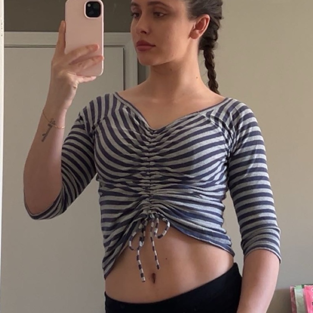 blue and grey adjustable striped top